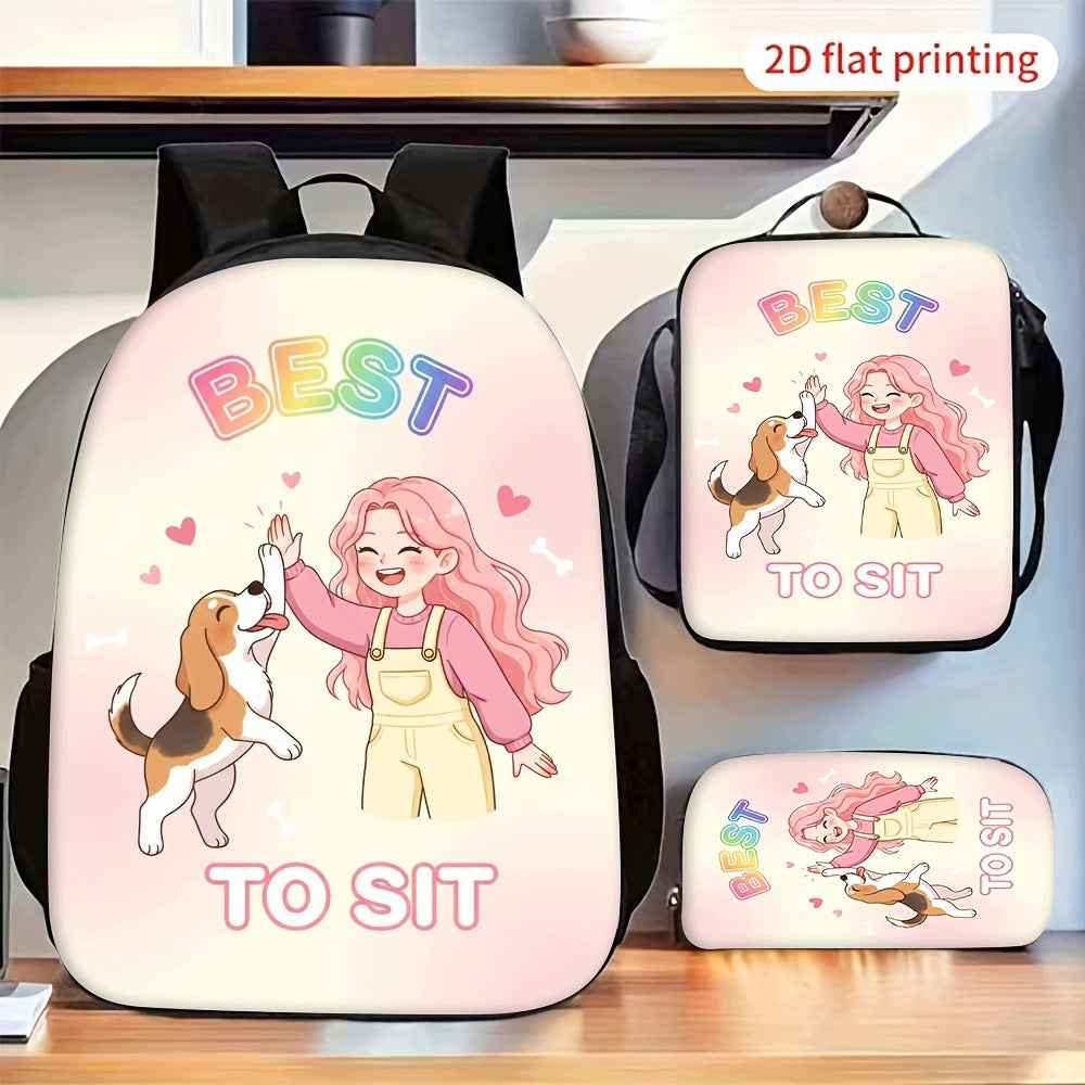 Cute Pink Girl Pet Puppy Pattern Print School Backpack Set