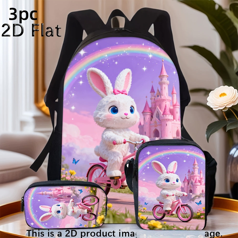 Cute Pink Rabbit Riding Bicycle Rainbow Castle Print 3-Piece Backpack Set