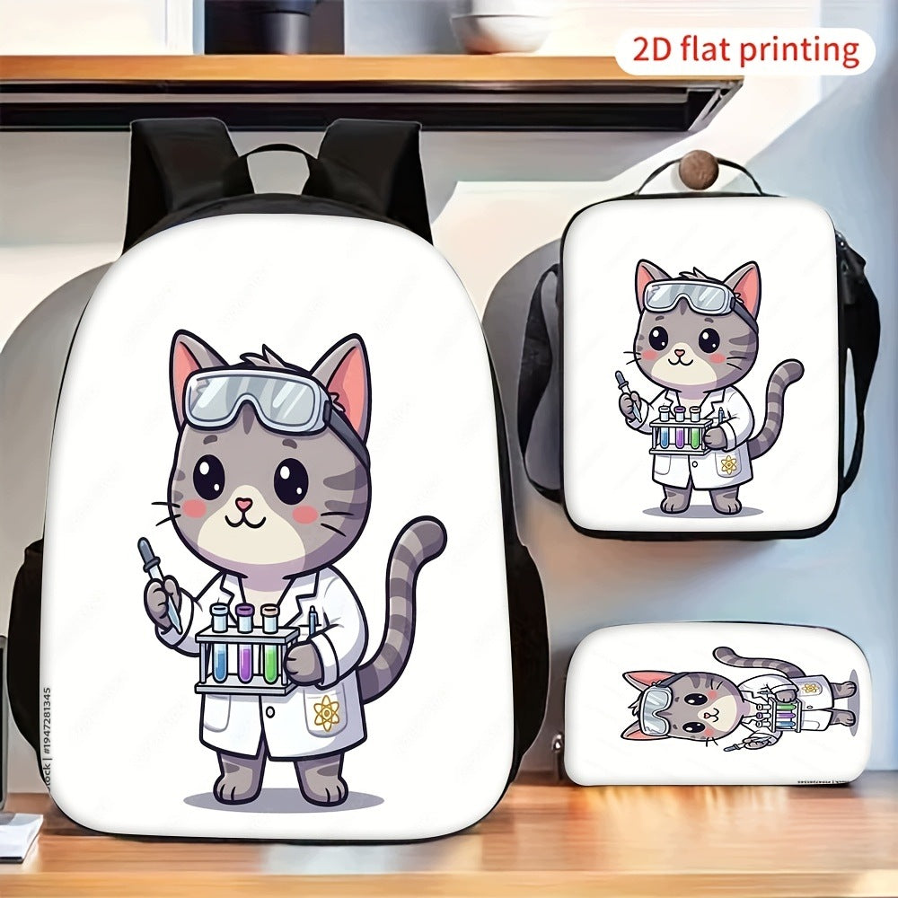 Cute Scientist Cat Print 3-Piece Backpack Set with Lunch Bag and Pencil Case