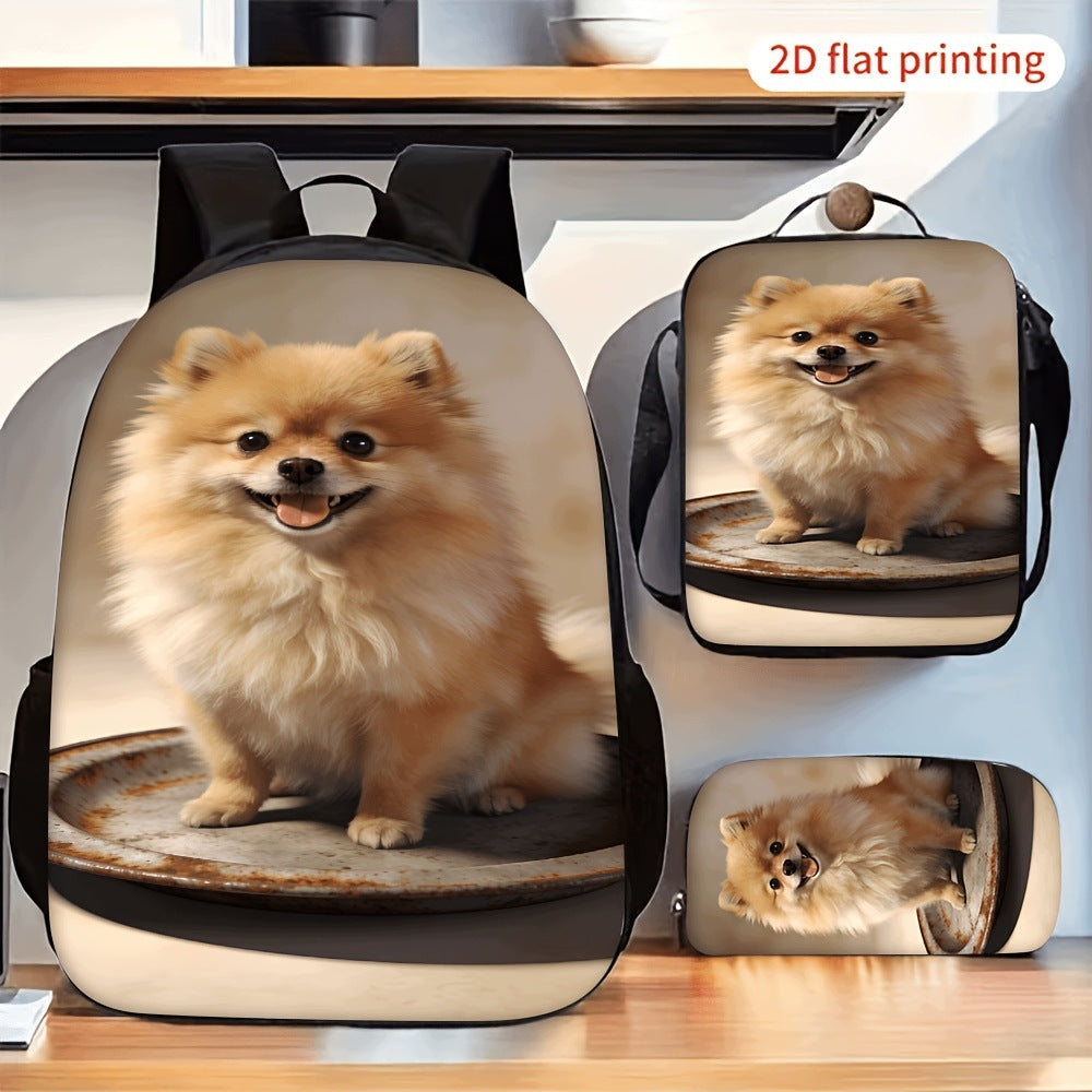 Cute Smiling Pomeranian Dog Print Backpack Set with Lunch Bag & Pencil Pouch