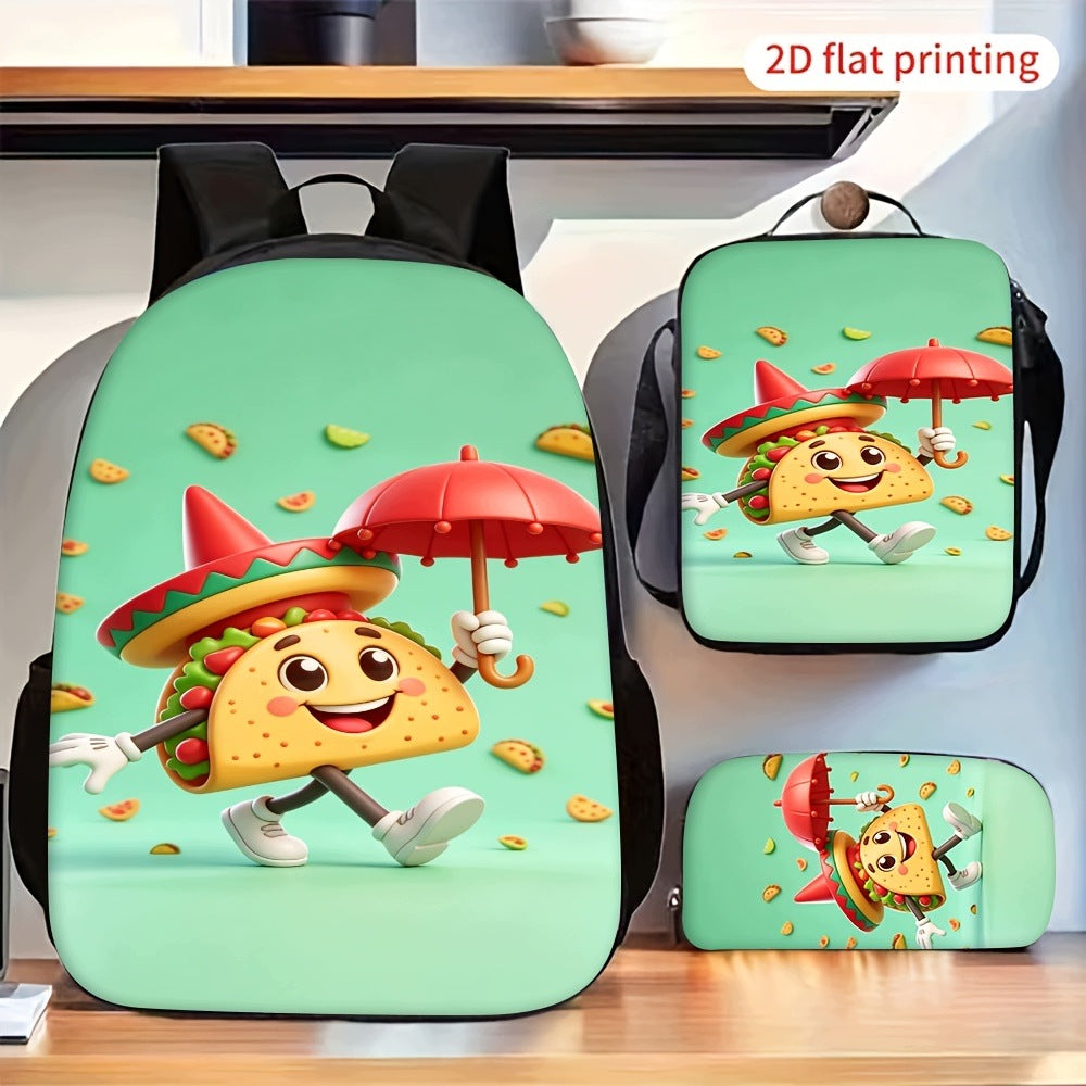 Cute Walking Taco 3-Piece Backpack Set with Lunch Bag and Pencil Case