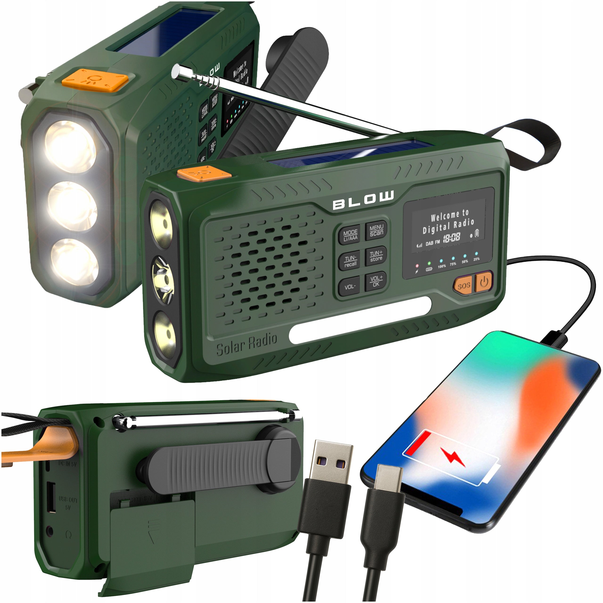 DAB+ BLUETOOTH PORTABLE KITCHEN RADIO SOLAR CONSTRUCTION FLASHLIGHT 4500mAh