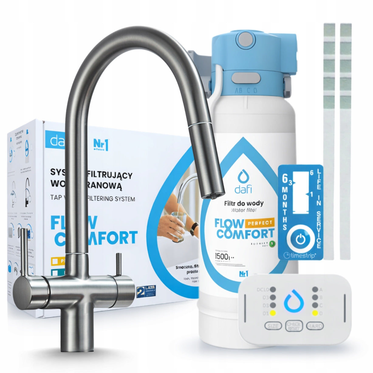 DAFI FLOW COMFORT D-1 WATER FILTER AND THREE-WAY GRAPHITE KITCHEN FAUCET
