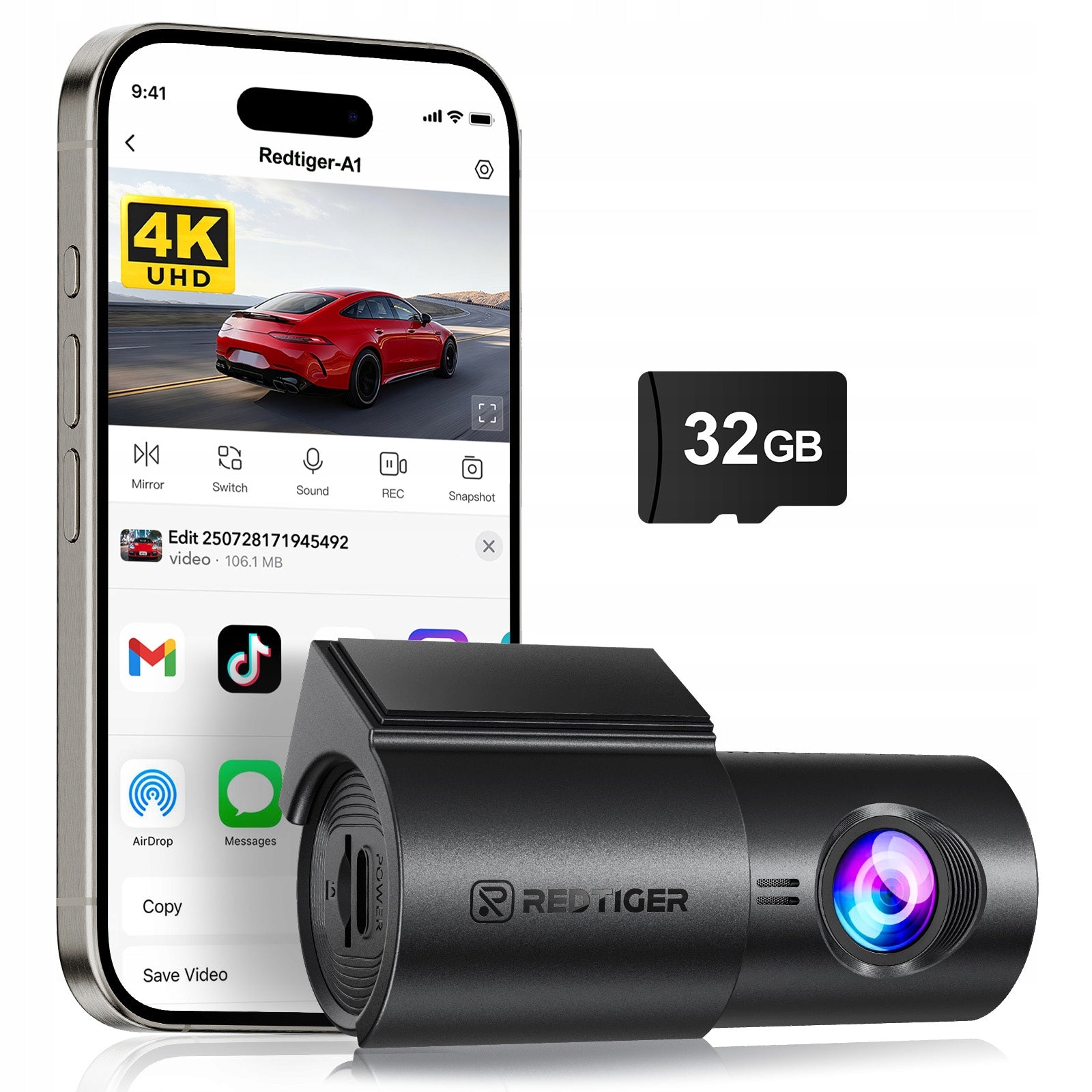 DASH CAM 4K Front Redtiger A1, Loop, G-Sensor, 24H Parking, 32GB