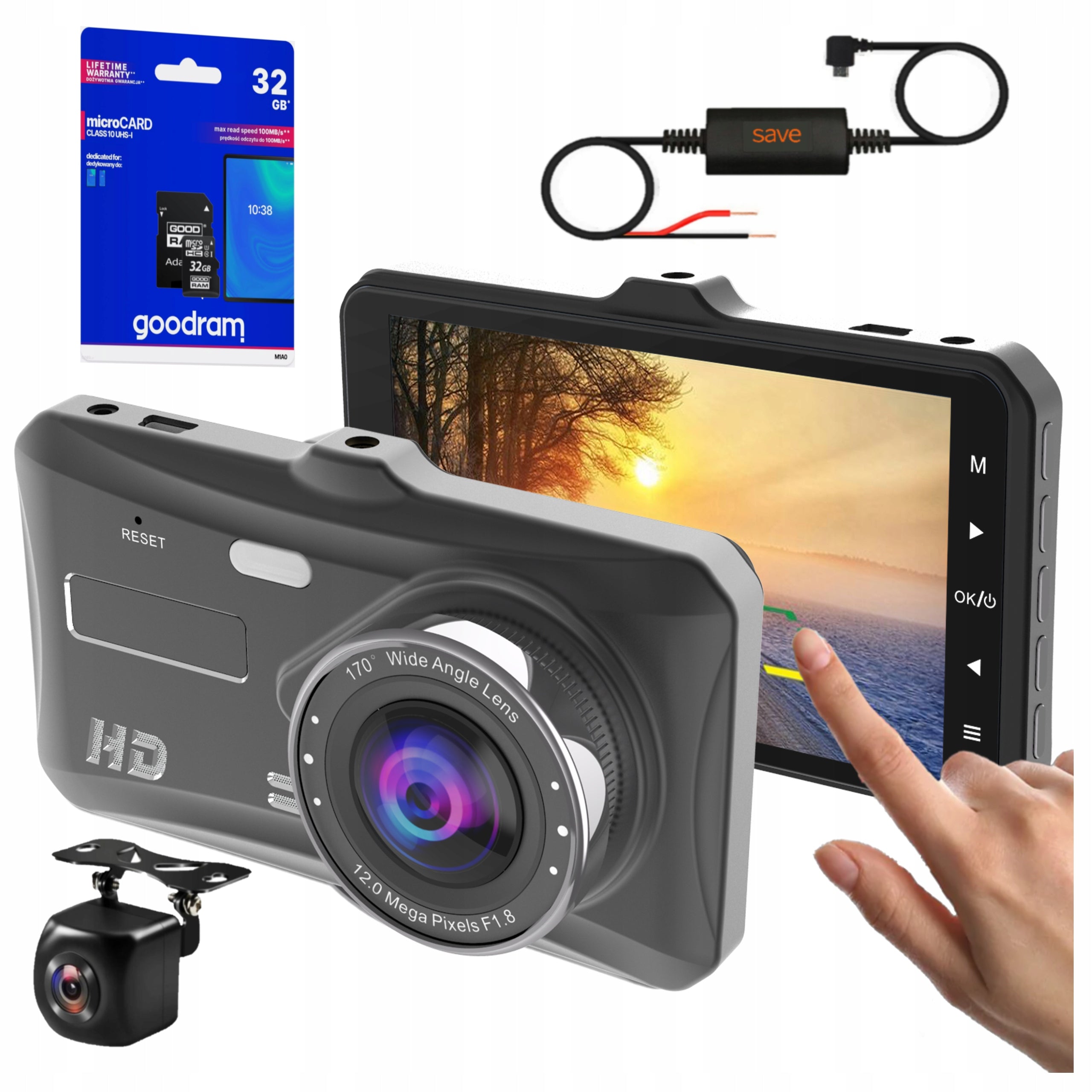 DASH CAM WITH TOUCH SCREEN AND POLISH MENU, FRONT AND REAR CAMERA