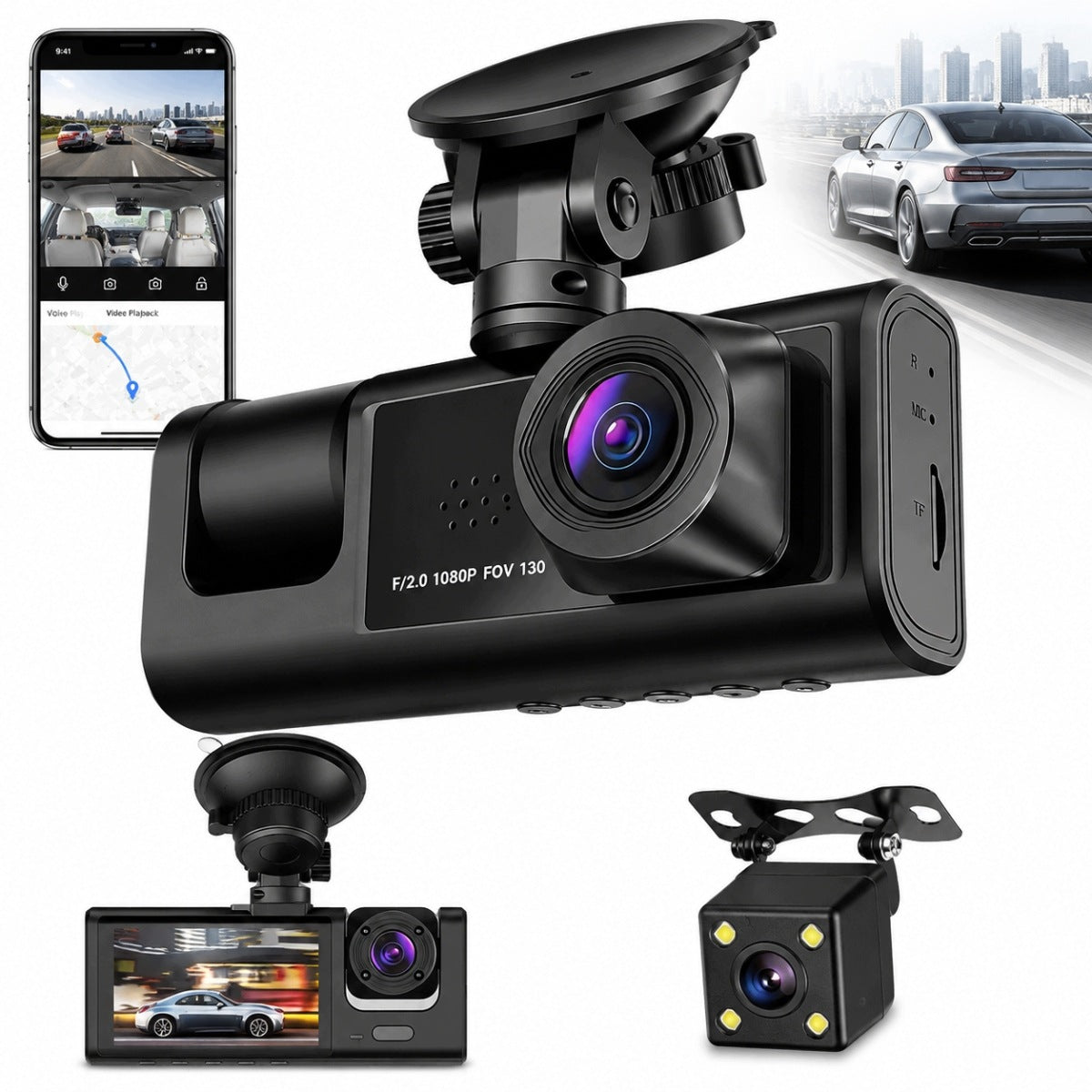 DASHBOARD CAMERA, FRONT AND INSIDE, IPS 2" SCREEN