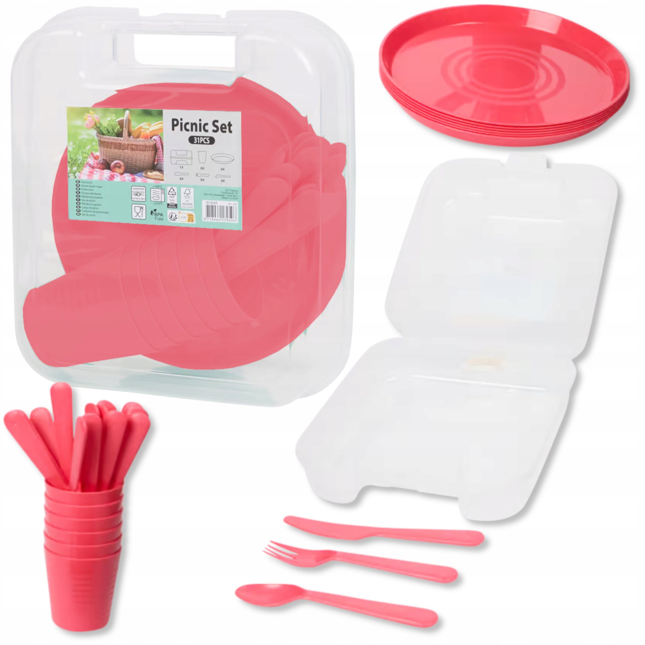 DECENT PICNIC SET IN A BOX CUTLERY DISHES PLASTIC CASE 31el.