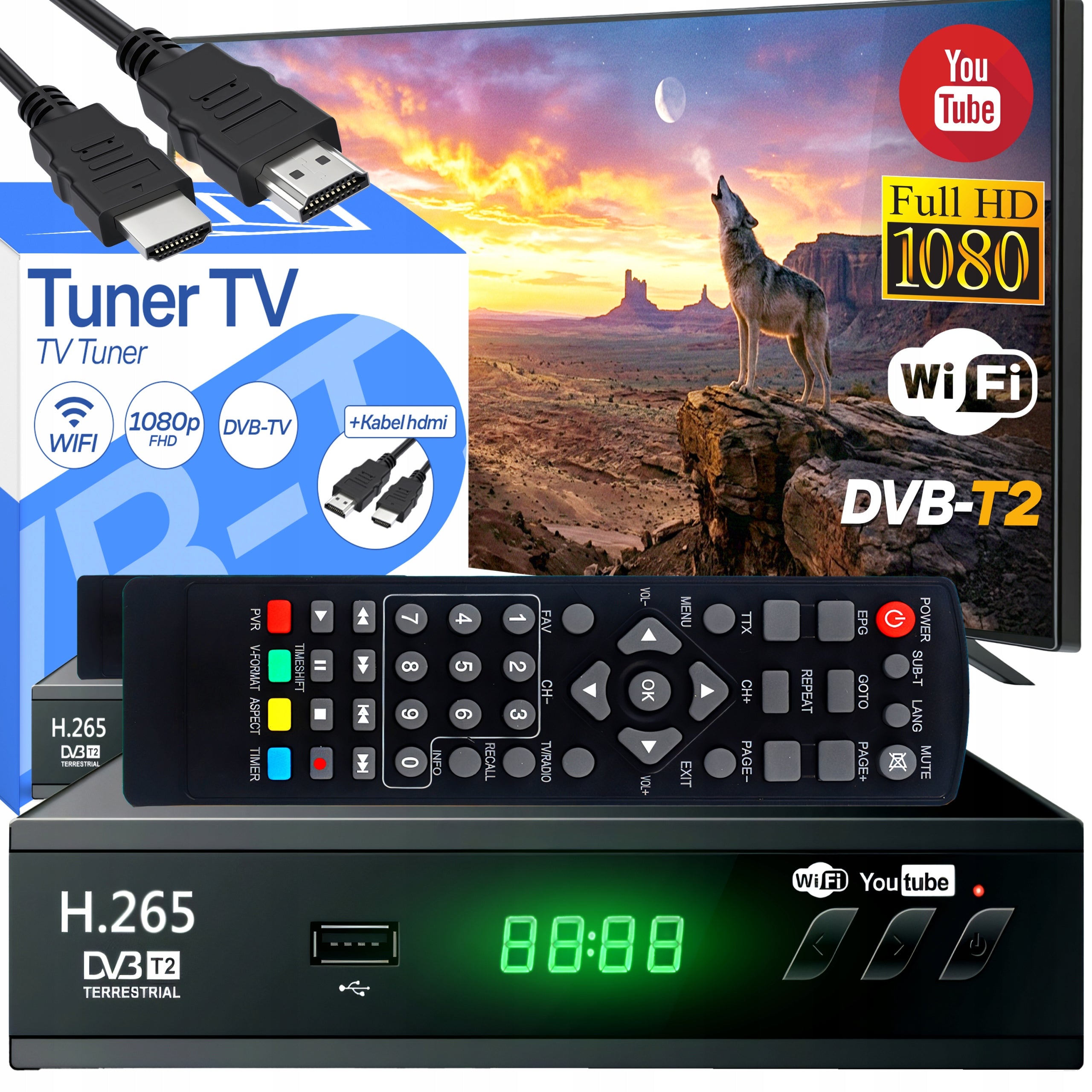DECODER TERRESTRIAL TV TUNER USB 5V FULL HD DVB-T2 ANTENNA REMOTE CONTROL + HDMI CABLE