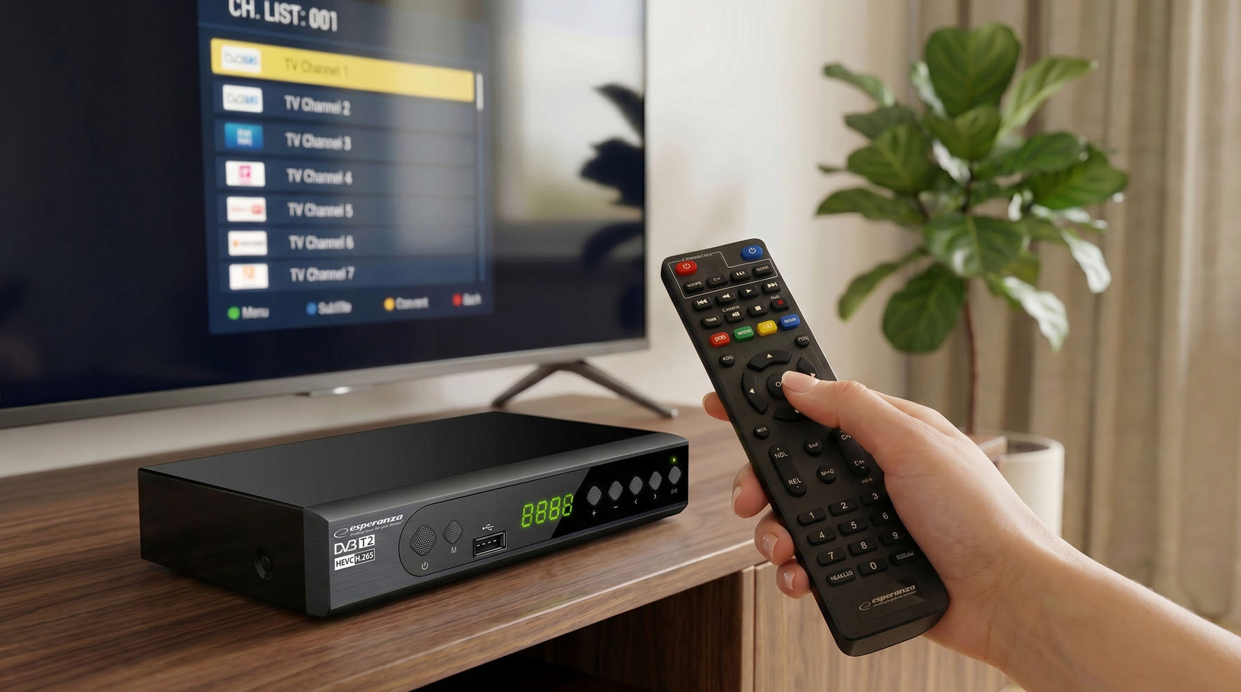 DECODER TV TUNER FOR TERRESTRIAL TV HD DVB-T2 HEVC H.265 REMOTE CONTROL Manufacturer code EV
