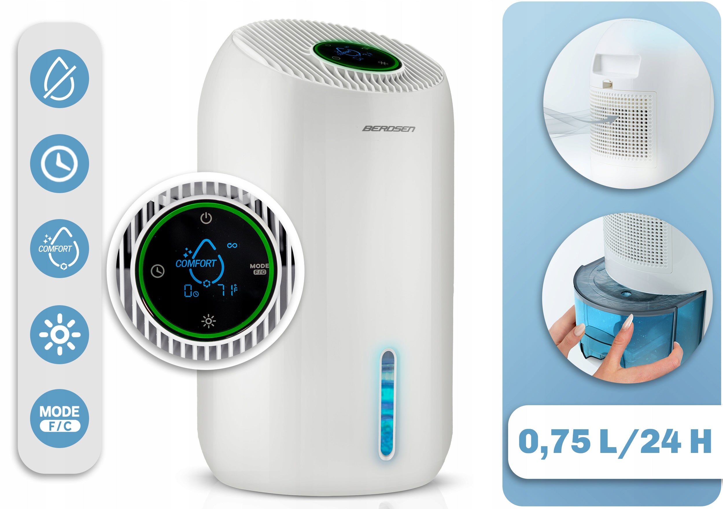 DEHUMIDIFIER MOISTURE ABSORBER 60W QUIET 34dB TIMER LED Berdsen Manufacturer code 352900