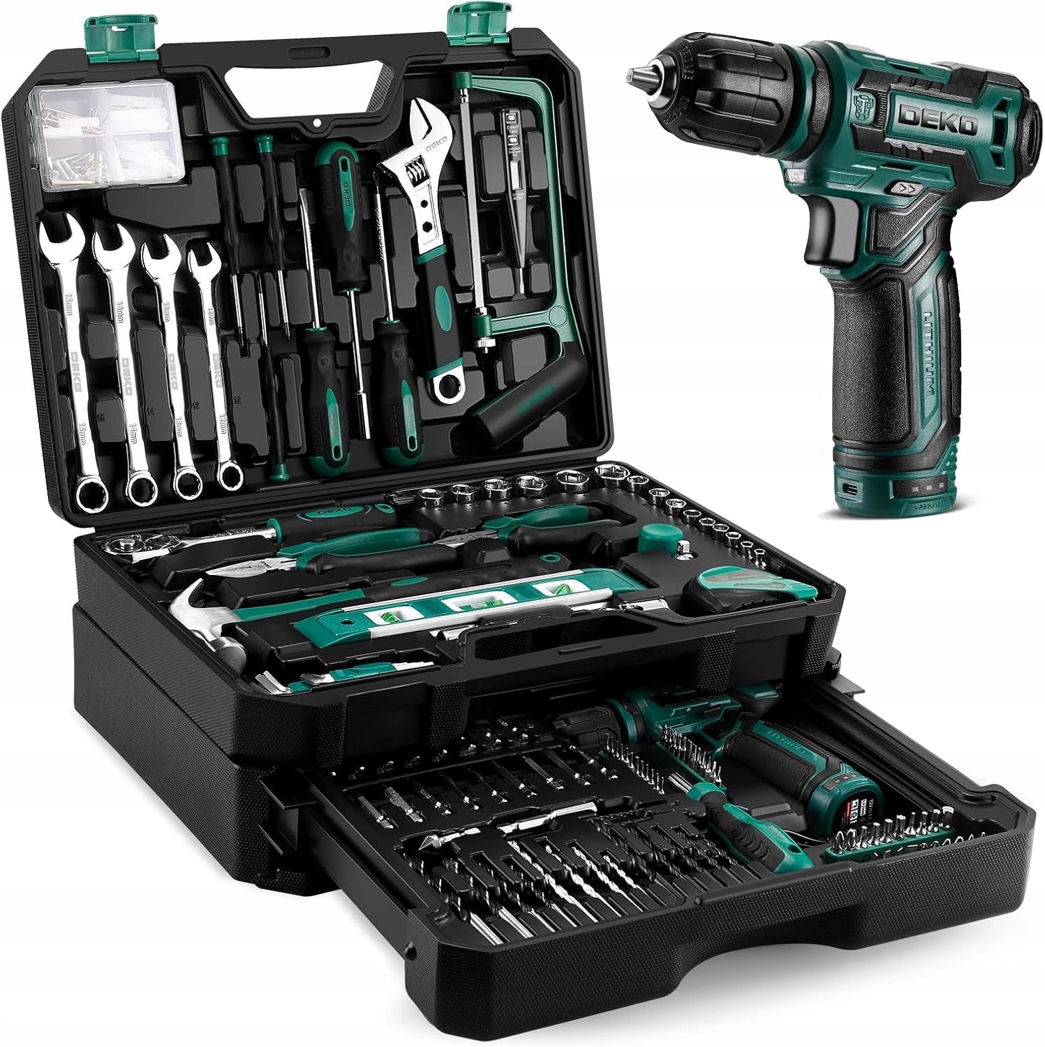 DEKO 238-piece multi-tool set with 12V electric screwdriver, green