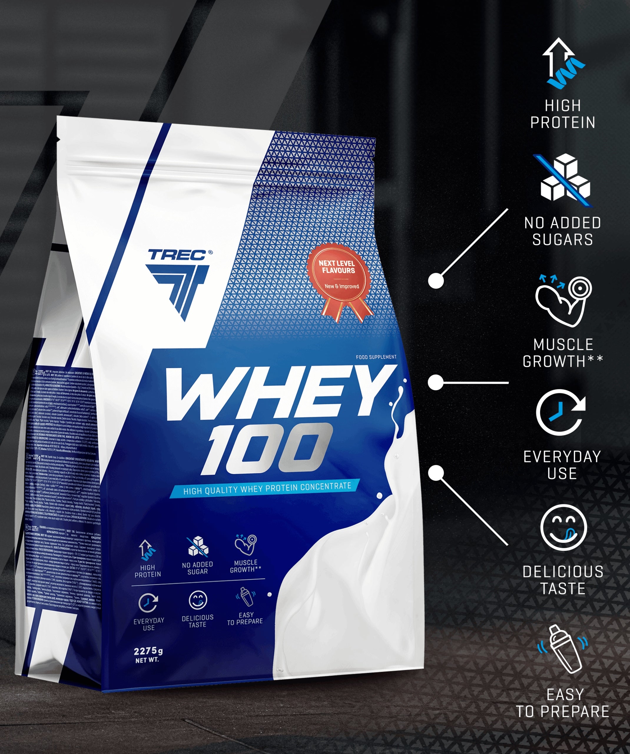 DELICIOUS PROTEIN WPC PROTEINS Trec Whey 100 2275g PER MASS STRENGTH SCULPTURE Expiration date at least six months from the date of purchase