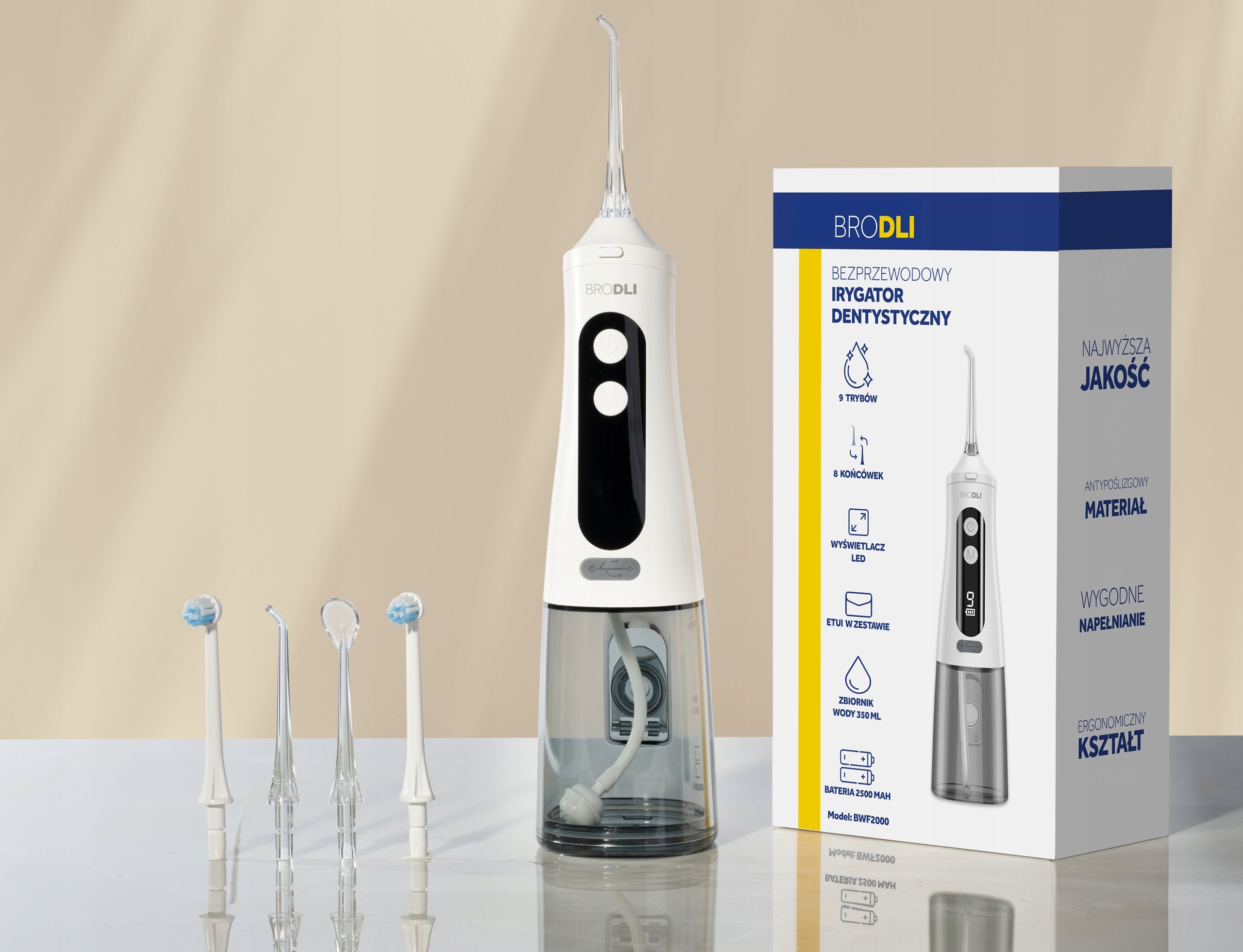 DENTAL IRRIGATOR WIRELESS 9 MODES CASE 5 TOOTH TIPS Brand Brodli