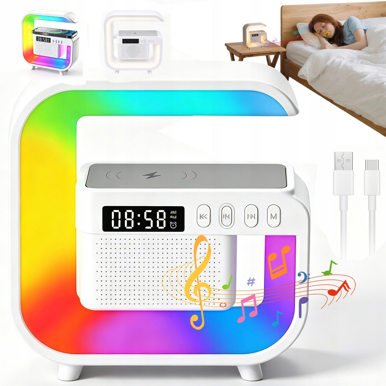 DESK LAMP LED BLUETOOTH SPEAKER INDUCTION CHARGER 15W CLOCK RGB