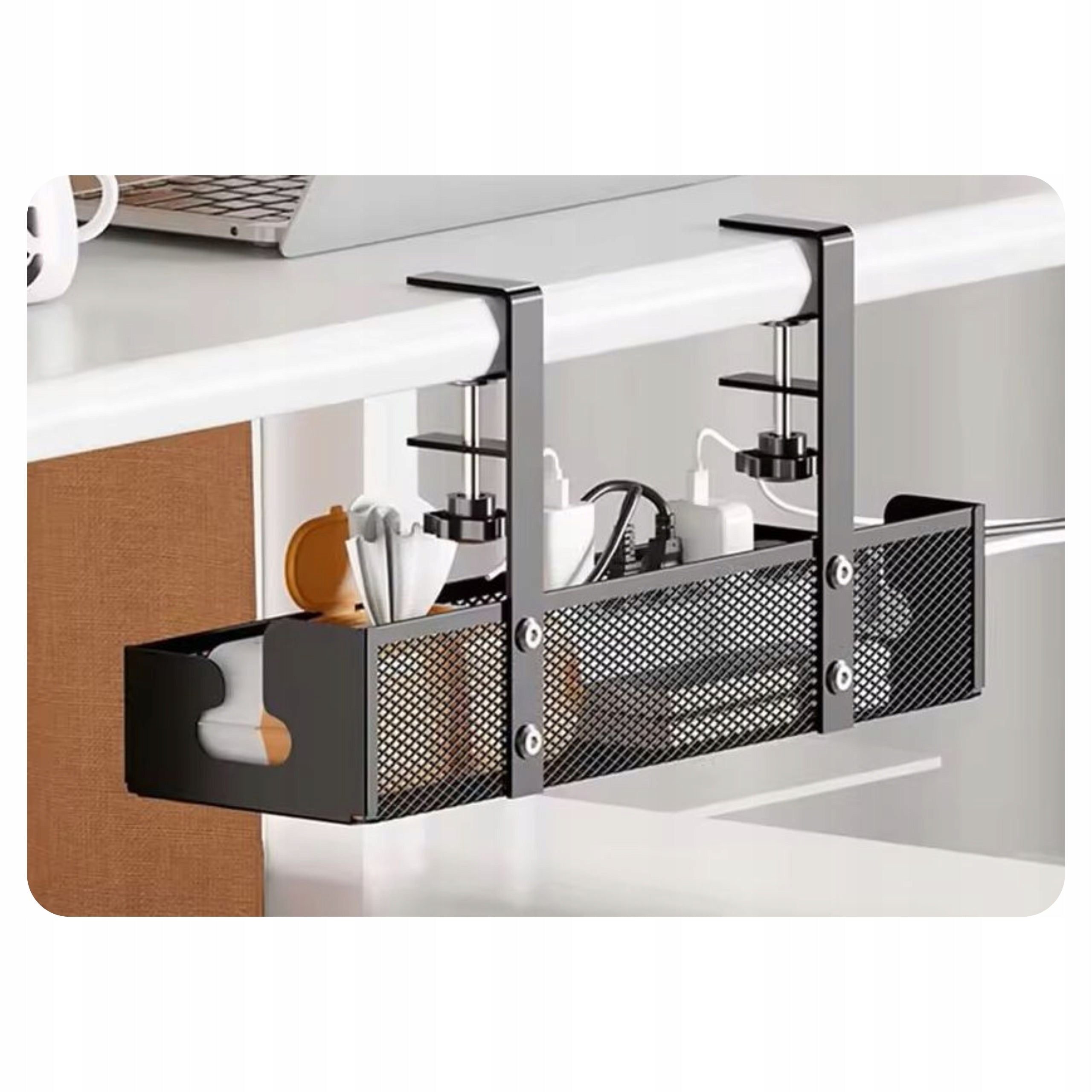 DESK ORGANIZER FOR CABLES SHELF UNDER THE COUNTERTOP GRILLE CABLE HOLDER Manufacturer code metalowa półka regulowana pod blat na kable