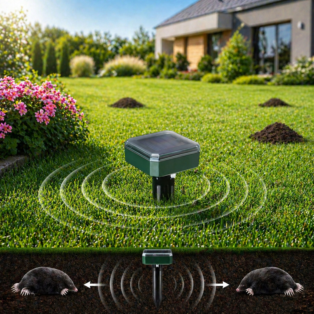 DETERRENT FOR MOLES VOLES MICE MARTENS RODENTS SOLAR VIBRATION 850m² Kind repellent