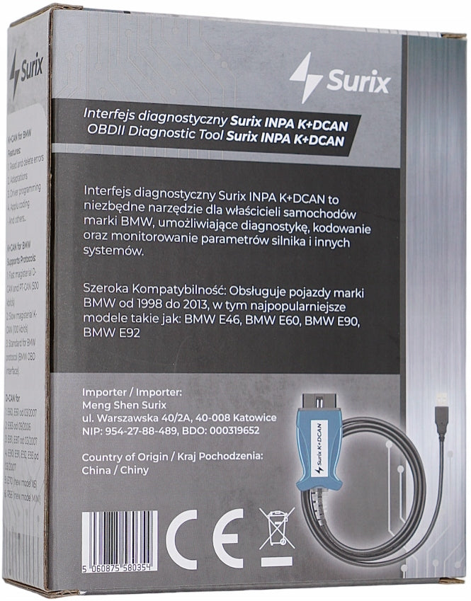 DIAGNOSTIC INTERFACE SURIX USB CABLE FOR BMW INPA ISTA 3K + DCAN OBD2 Manufacturer code Surix-INPA