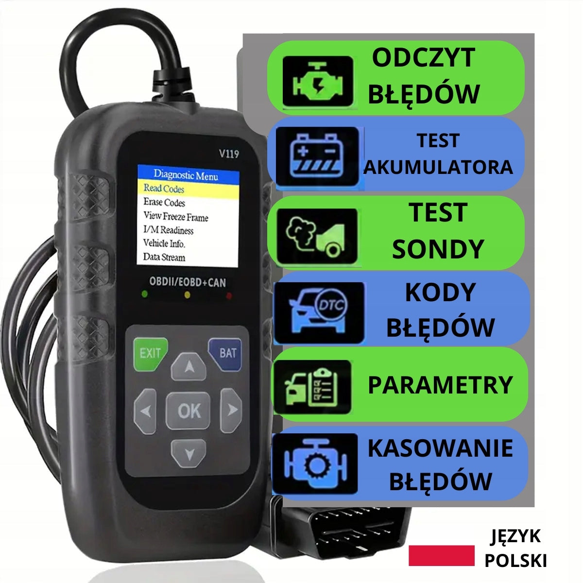 DIAGNOSTIC INTERFACE TESTER OBD2 Polish SCANNER PL Reading Delete Brand Obd2