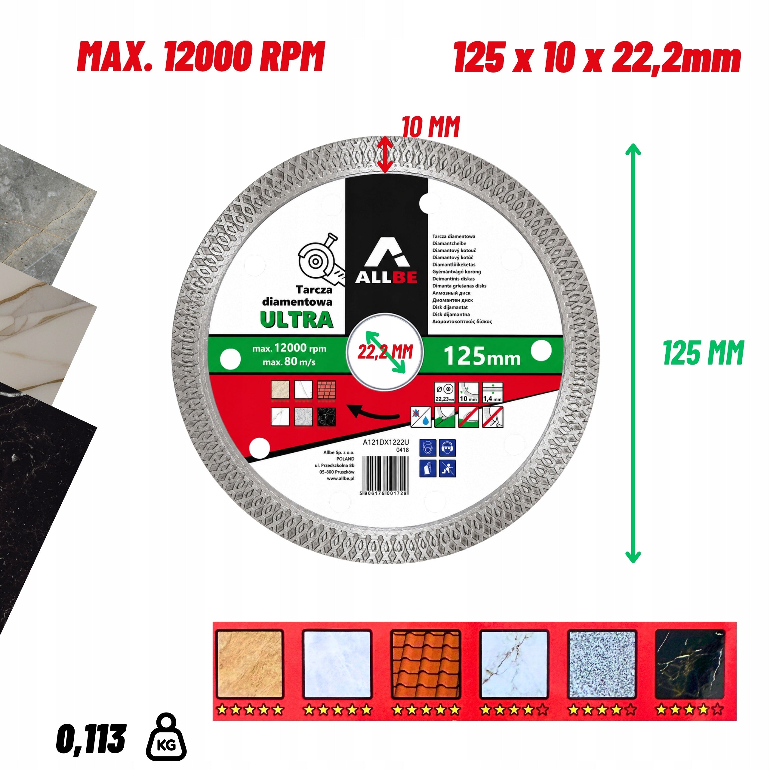 DIAMOND BLADE 125mm FOR CUTTING GRANITE TILE STONEWARE 10MM SEGMENT Packaging status original