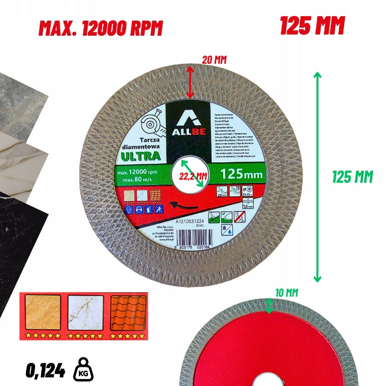 DIAMOND BLADE 125mm FOR STONEWARE CUTTING TILES AND GRINDING CERAMIC 45° Packaging status original