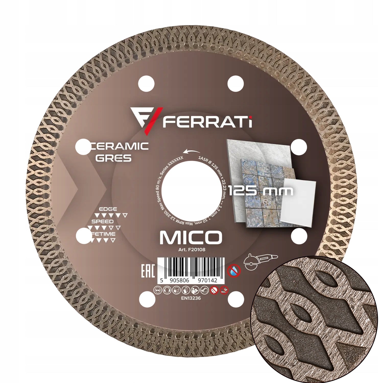 DIAMOND BLADE FOR CUTTING STONEWARE CERAMIC TILES PRO 125MM MICO FERRATi
