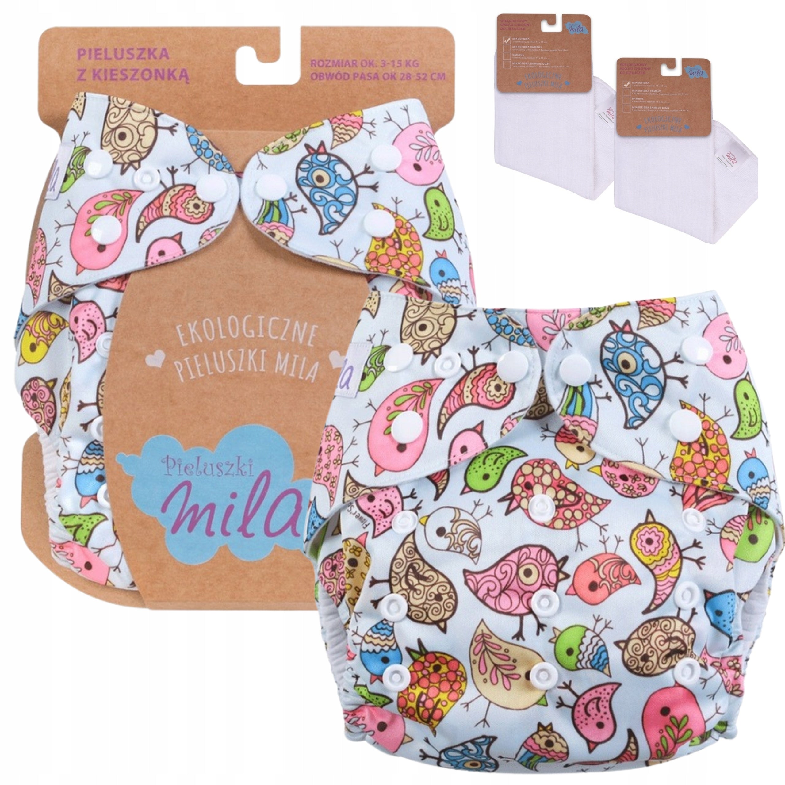 DIAPER Reusable Mile with Pocket + 2 CARTRIDGES FREEBIE COLORFUL BIRDS