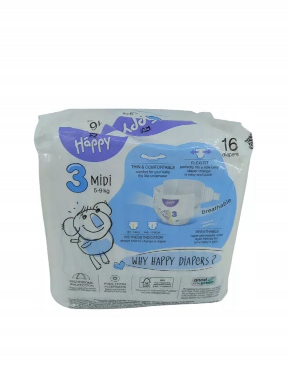 DIAPERS BELLA HAPPY SIZE 3 MIDI 5-9 KG 16PCS. Number of pieces in the package 16 pcs