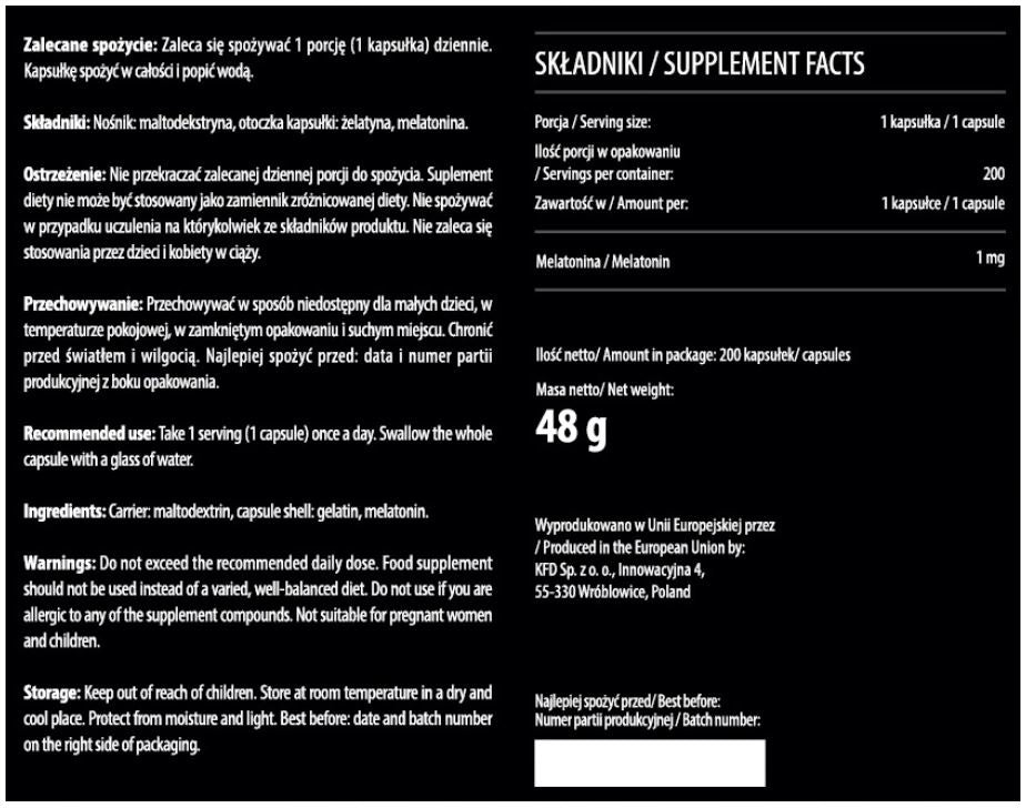 DIETARY SUPPLEMENT KFD MELATONIN 1mg FOR GOOD HEALTHY SLEEP 200 CAPS MELATONIN Packaging status original