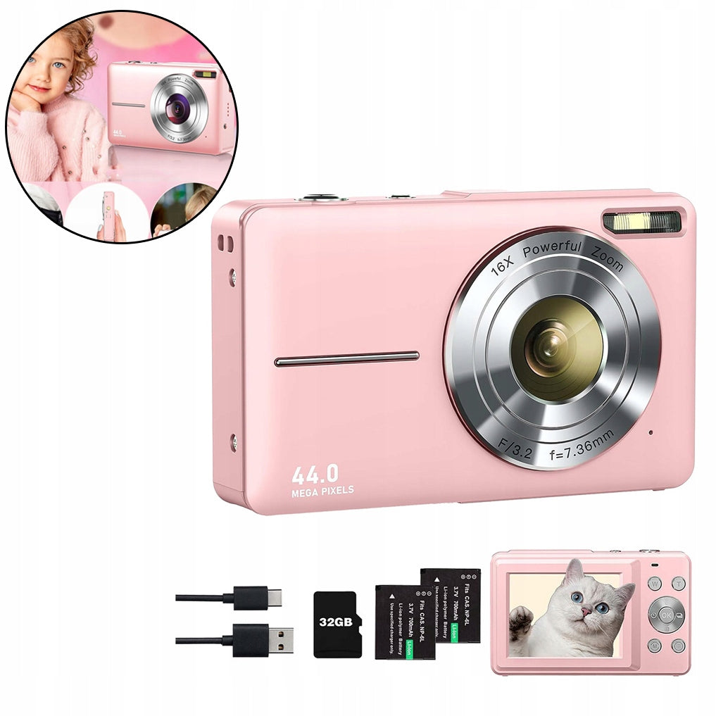 DIGITAL CAMERA 44MP FULL HD 1080P ZOOM 16X ANTISHAKE CARD 32GB 2 x 700mah