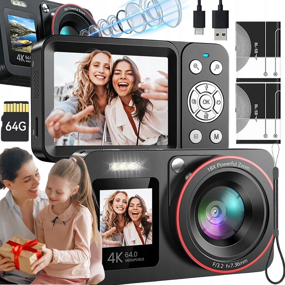 DIGITAL CAMERA 4K 64MP COMPACT 2 BATTERIES ZOOM 18X MENU PL CARD 64GB