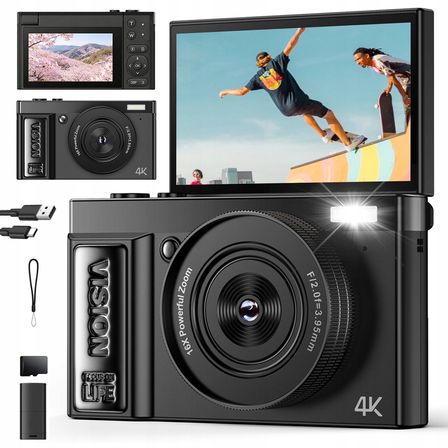 DIGITAL CAMERA 4K 64MP ROTATING SCREEN 180° ZOOM 16X WEBCAM VLOG SELFIE