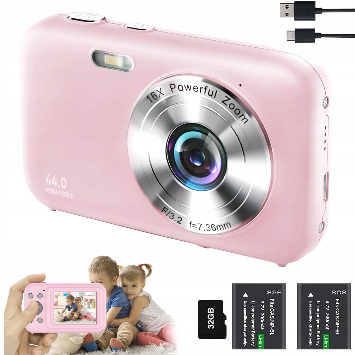 DIGITAL CAMERA FOR CHILDREN 1080P PINK 16X+CARD 32 GB 44MP+LEAD 2XAKU