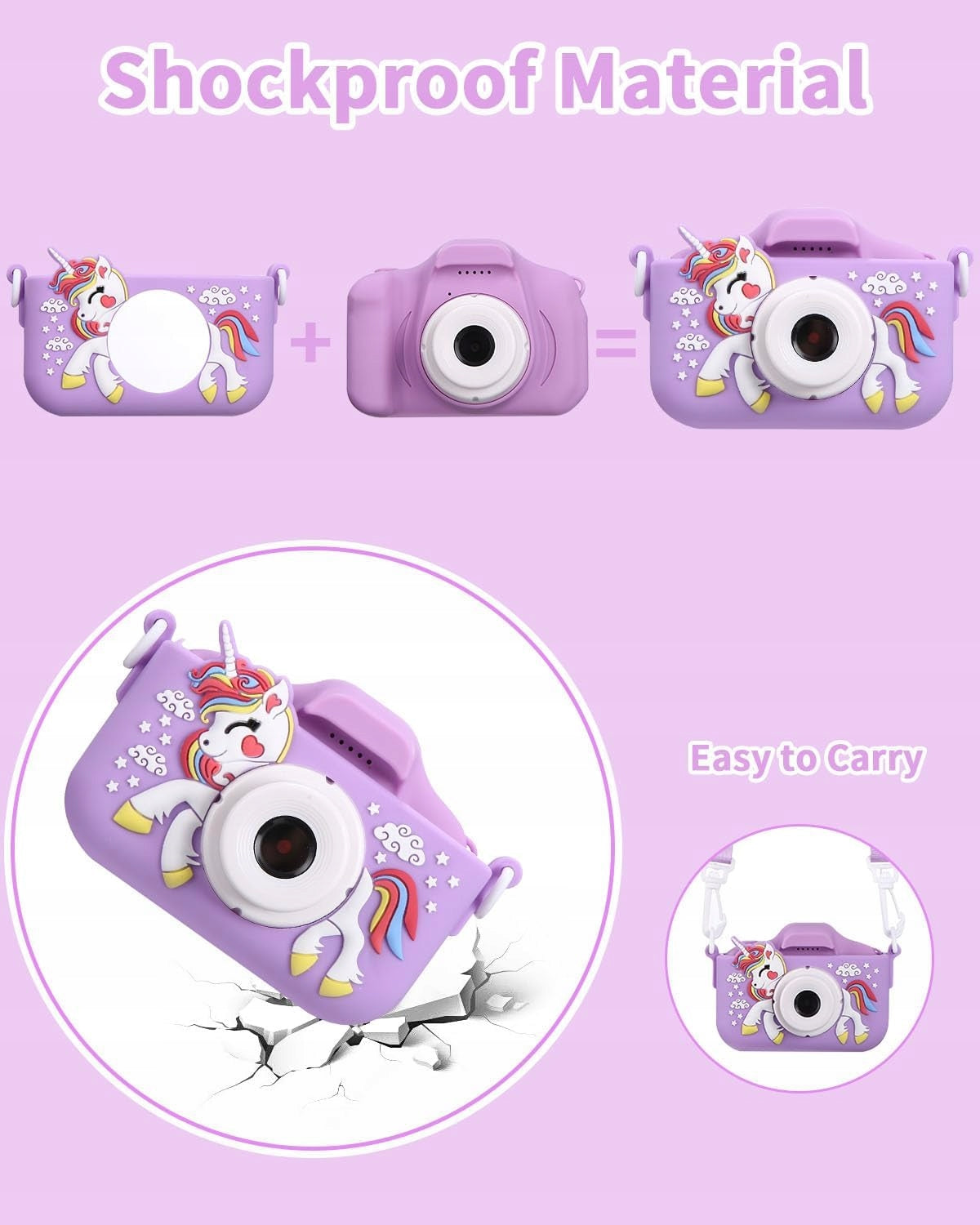 DIGITAL CAMERA FOR CHILDREN IDEAL FOR A GIRL UNICORN MOTIF PURPLE Manufacturer code APARAT CYFROWY DLA DZIECI NA WYCIECZKI IMPREZ
