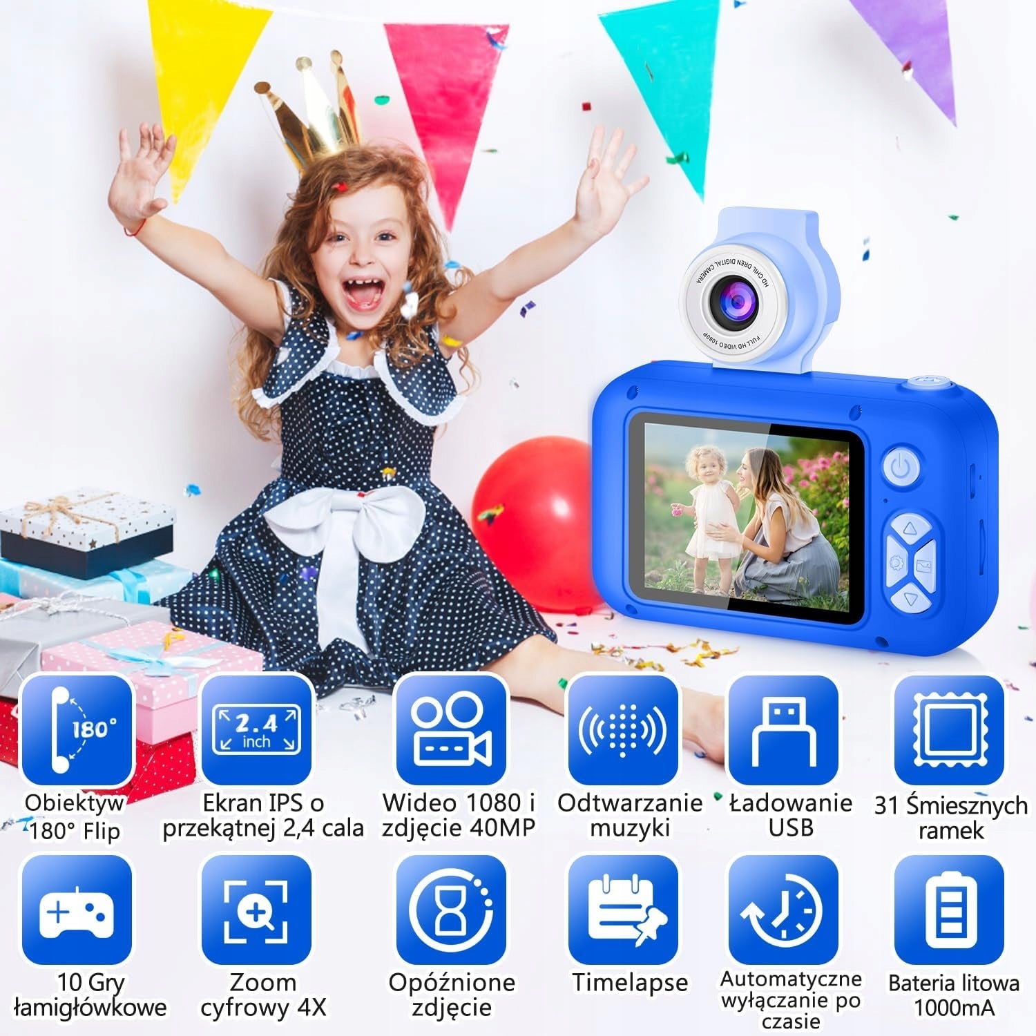 DIGITAL CAMERA FOR KIDS WITH 180°Flip LENS AND 2,4' NAVY BLUE SCREEN Manufacturer code APARAT CYFROWY Z OBIEKTYWEM 180°Flip SD 32GB