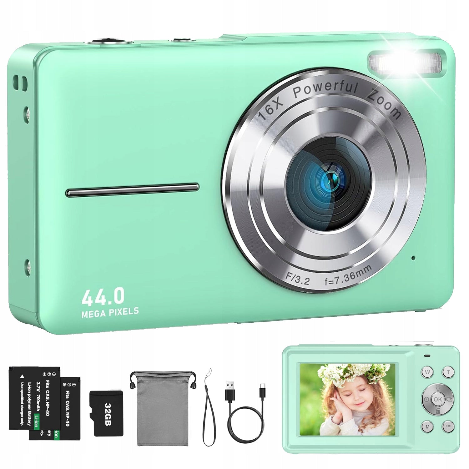 DIGITAL CAMERA HD 1080P 44 MP 16X + 2 AKU + MEMORY CARD 32G GREEN