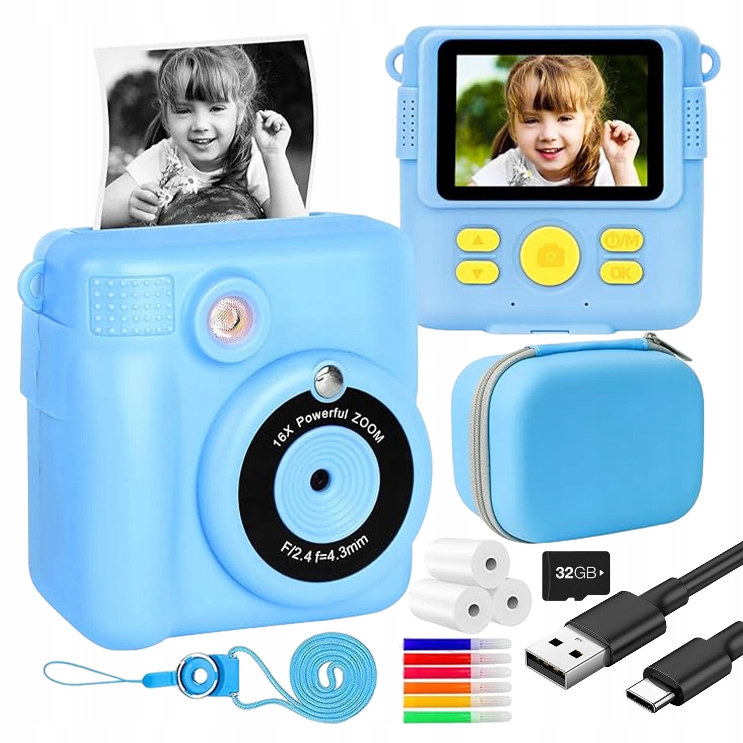 DIGITAL CAMERA NATCHMIASTOWY WITH 1080P HD PRINTER FOR KIDS GAMES + 3 ROLLS