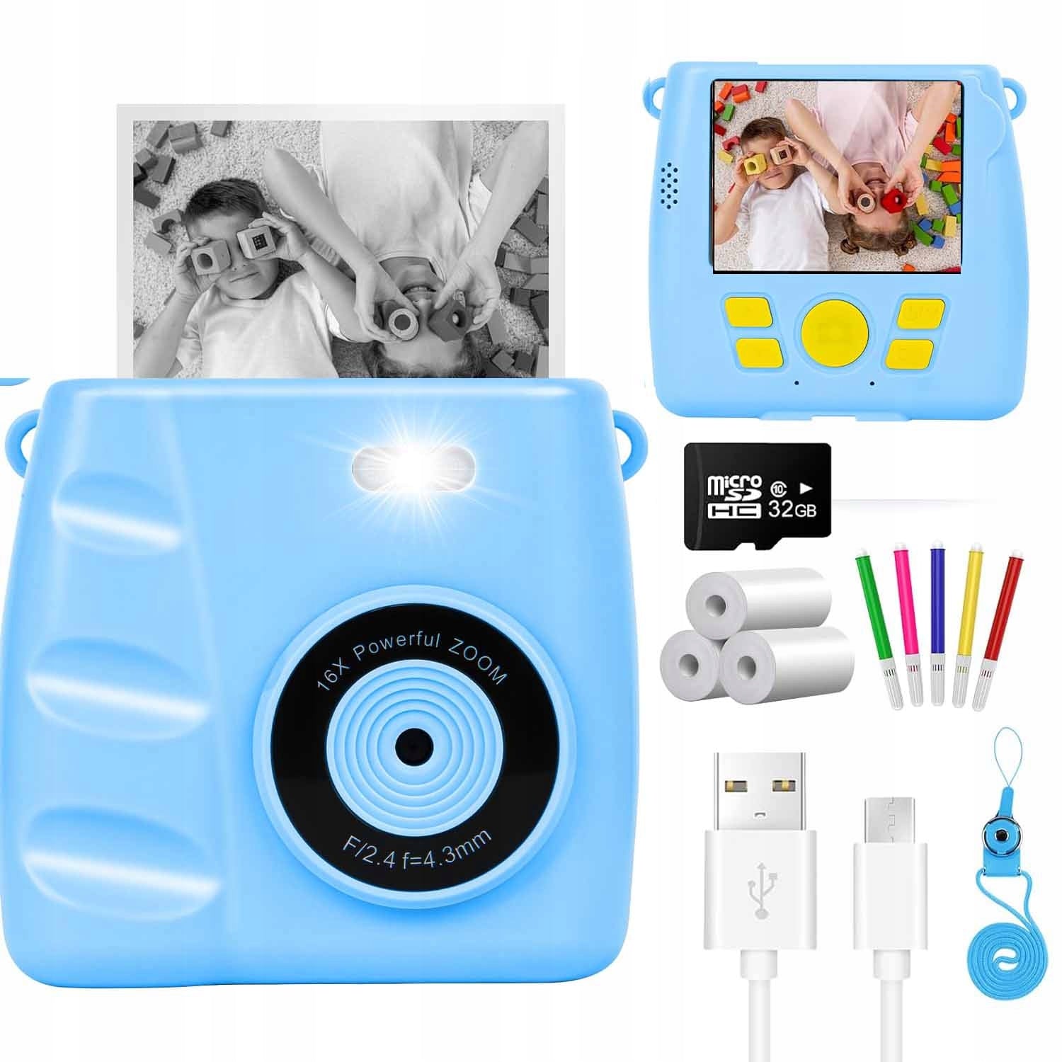 DIGITAL CAMERA NATCHMIASTOWY WITH PRINTER FOR CHILDREN GAMES ROLLS 32GB CARD