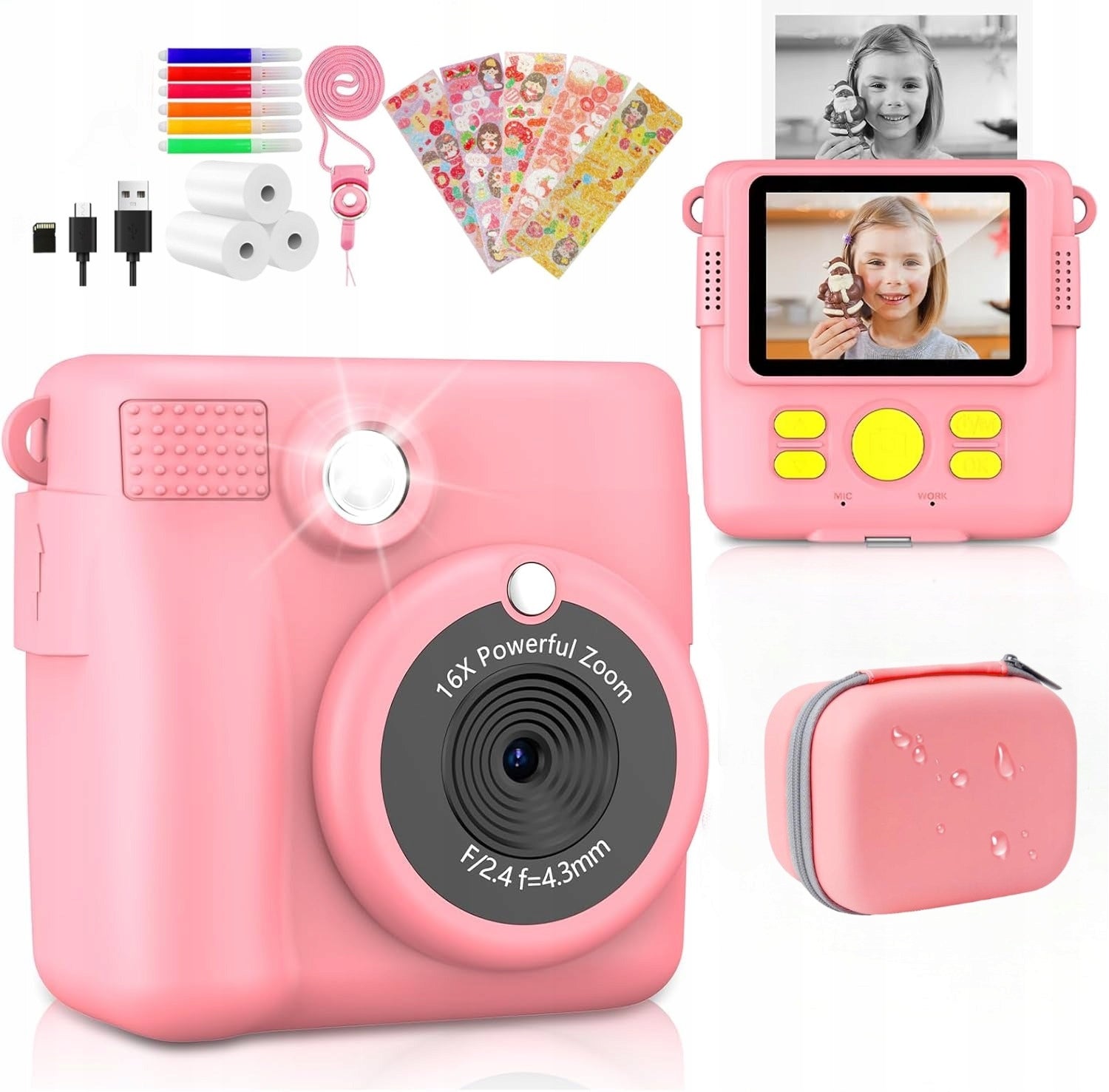 DIGITAL CAMERA PINK FOR CHILDREN MINI PRINTER+CARD 32 GB