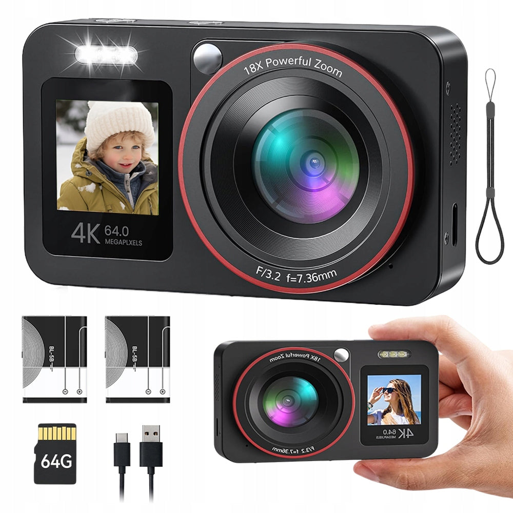 DIGITAL CAMERA WITH SELFIE FUNCTION AND ZOOM 18X 64MP CARD 64GB