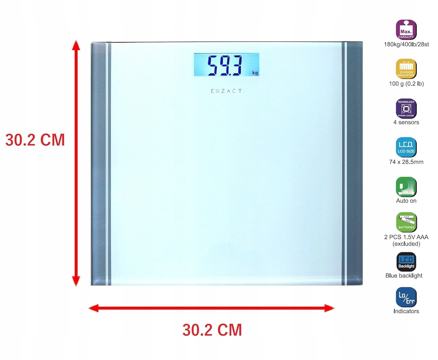 DIGITAL ELECTRONIC GLASS SCALE UP TO 180 KG ILLUMINATED LCD Model Exzact EX9380 waga osobowa, szkło