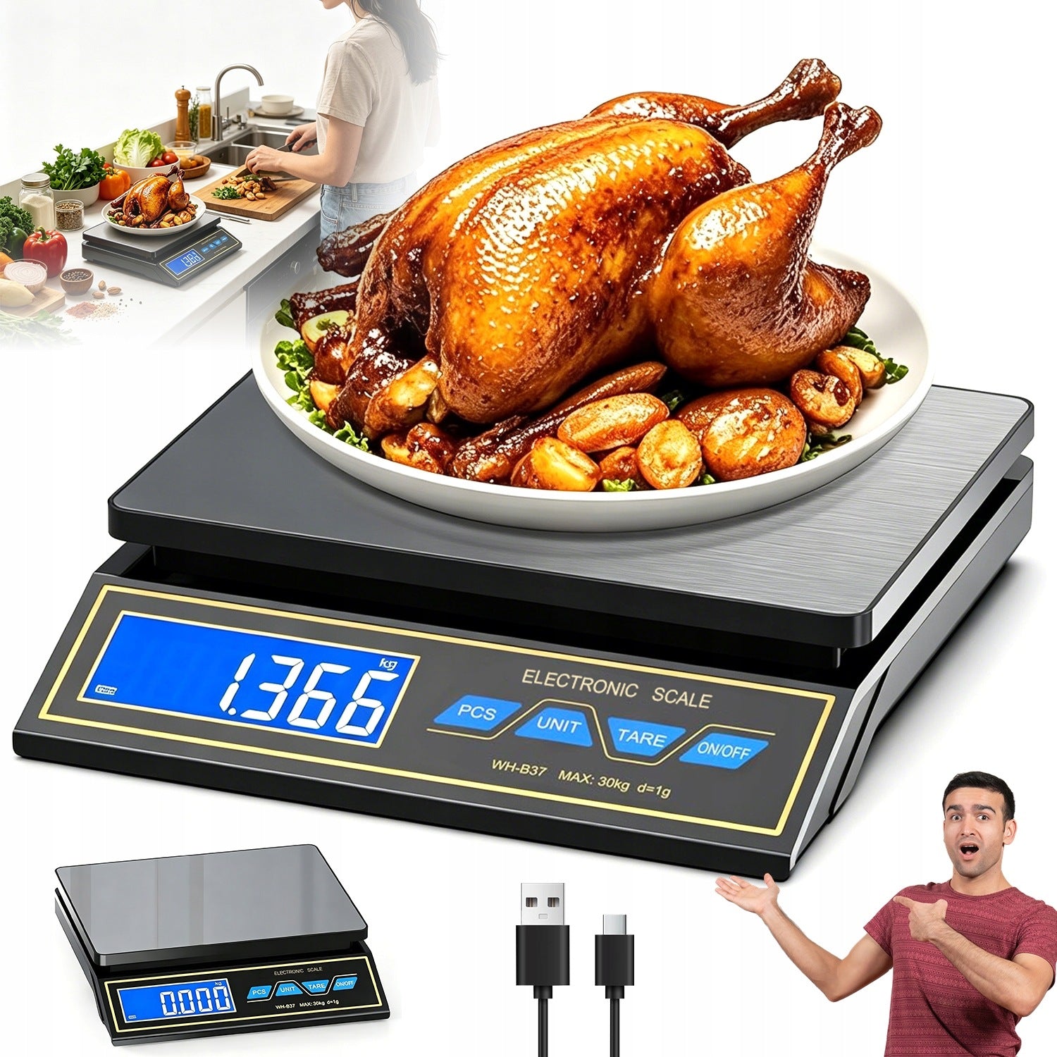 DIGITAL KITCHEN SCALE 30KG 1G PRECISION LCD TARA STAINLESS STEEL SHOP