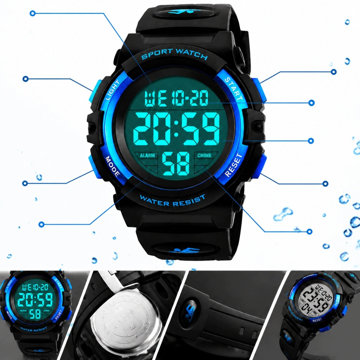 DIGITAL MULTIFUNCTION WATCH FOR CHILDREN 5 ATM WATERPROOF BLUE LED Crystal other
