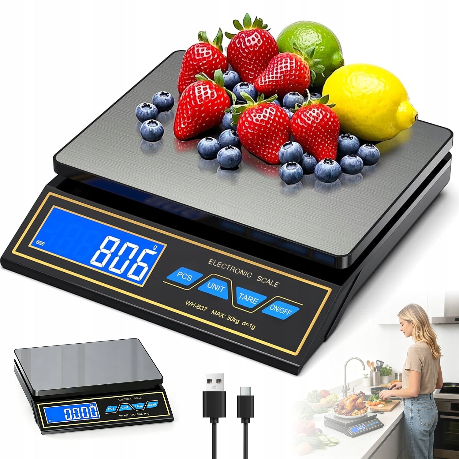 DIGITAL SCALE 30KG STEEL ACCURACY 1G TARE FUNCTION