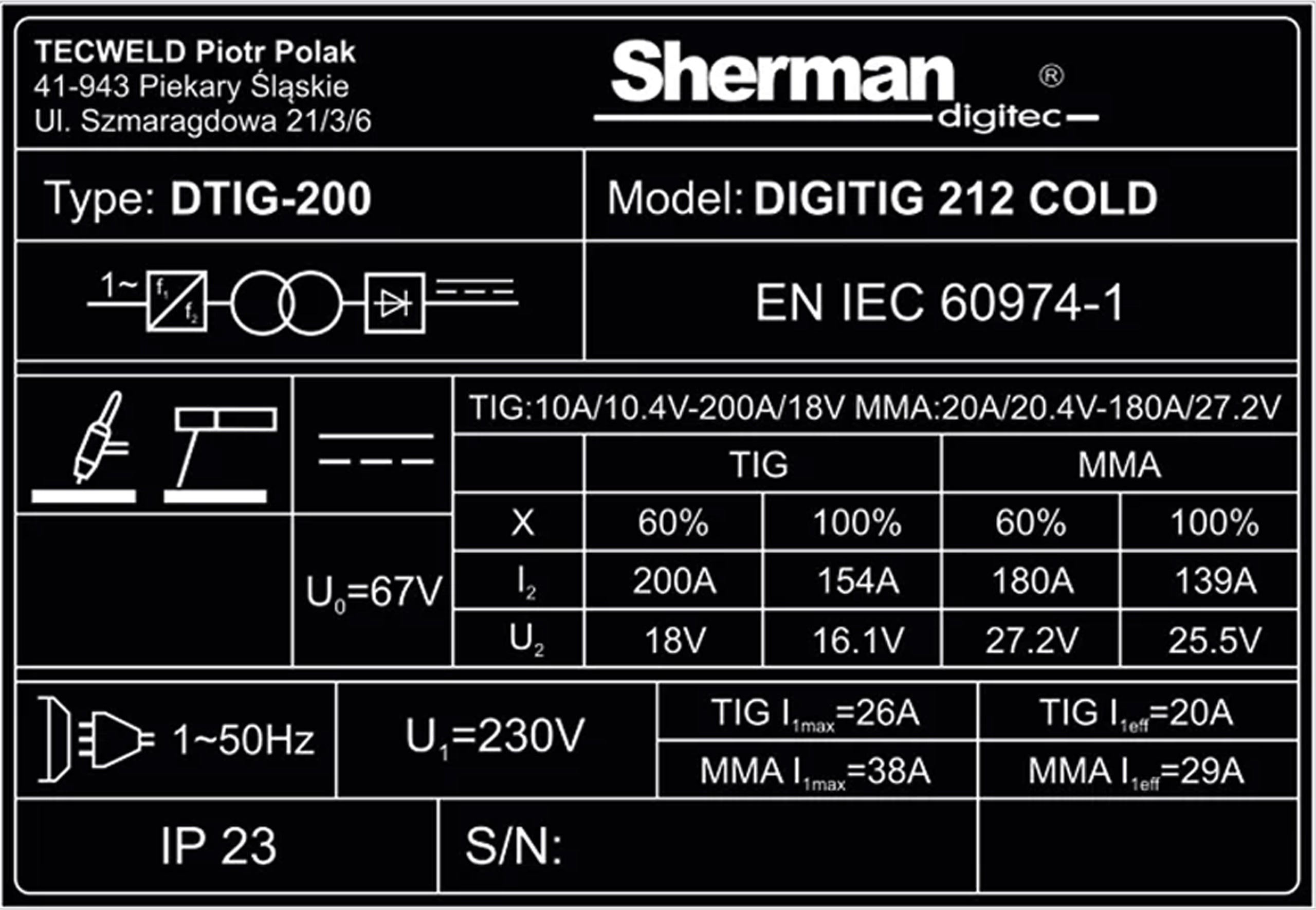 DIGITIG 212 COLD TIG HF DC MMA Welder - 200A, 230V, IGBT Duty cycle time 60%