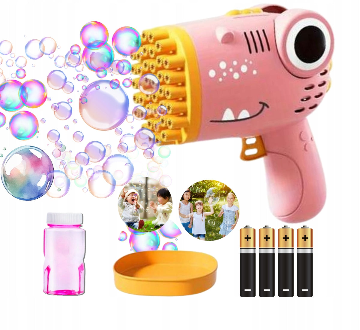 DINO BUBBLE GUN BATTERY OPERATED BUBBLE MACHINE + LIQUID+ 4x Rose BATTERIES