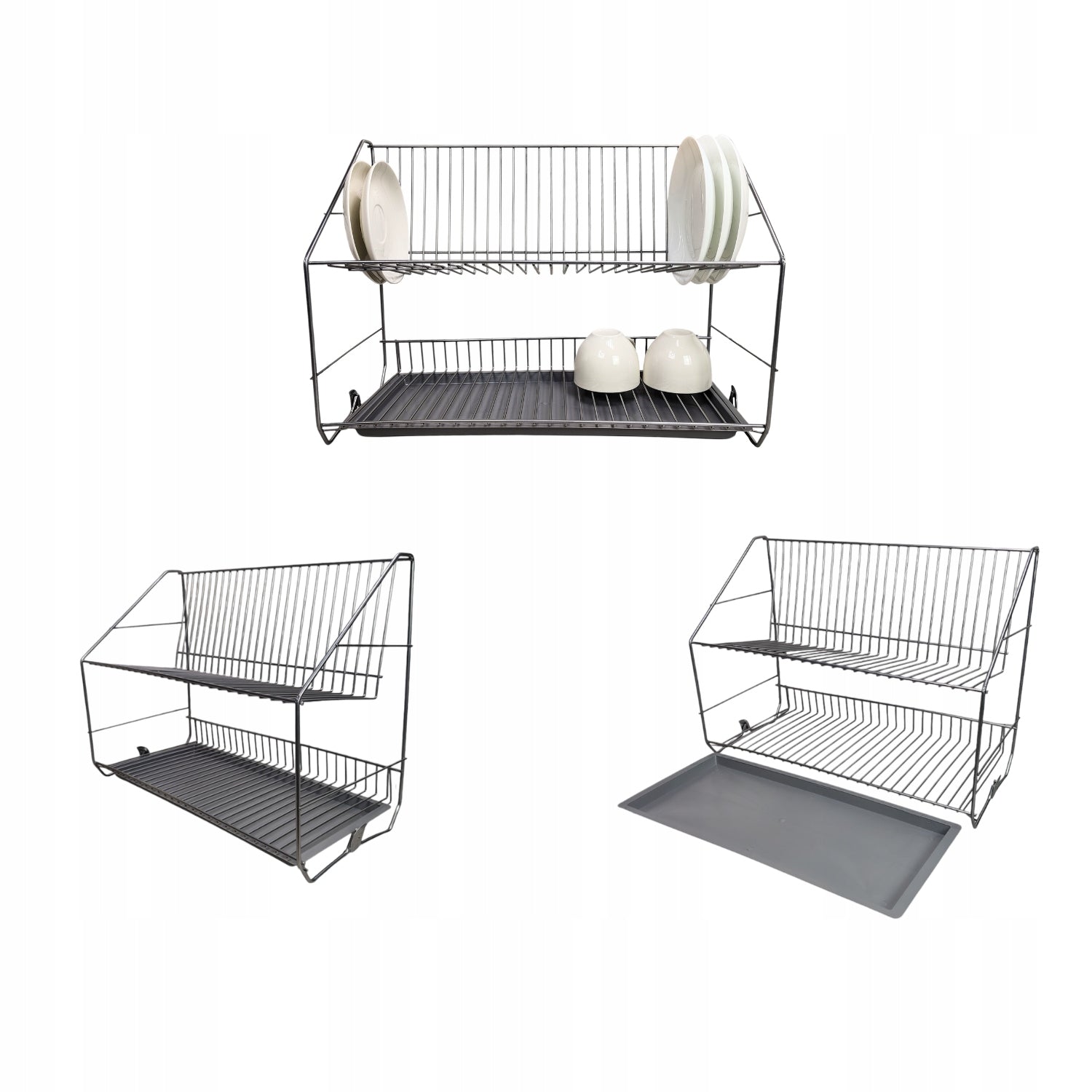 DISH DRAINER DRYER TWO-LEVEL GREY DRYER WITH TRAY