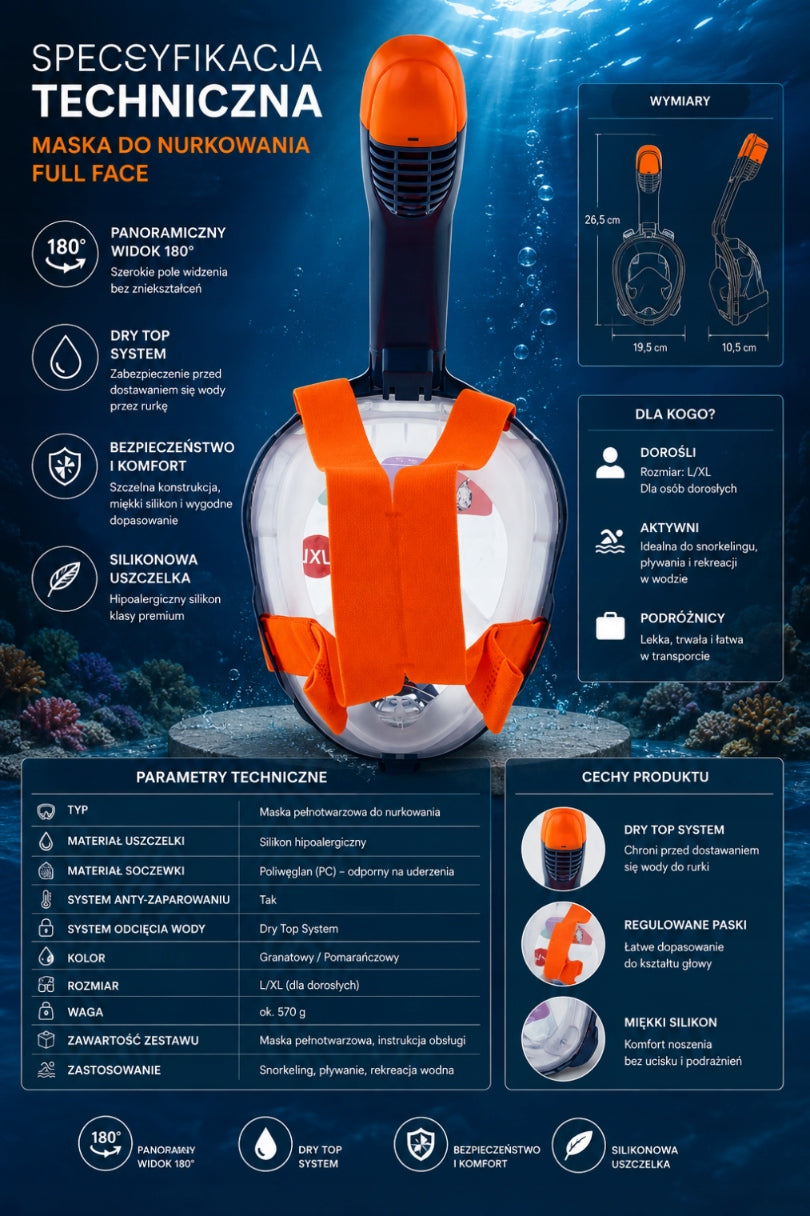 DIVING MASK SNORKELING FULL FACE FOR WATER L/XL Size L/XL