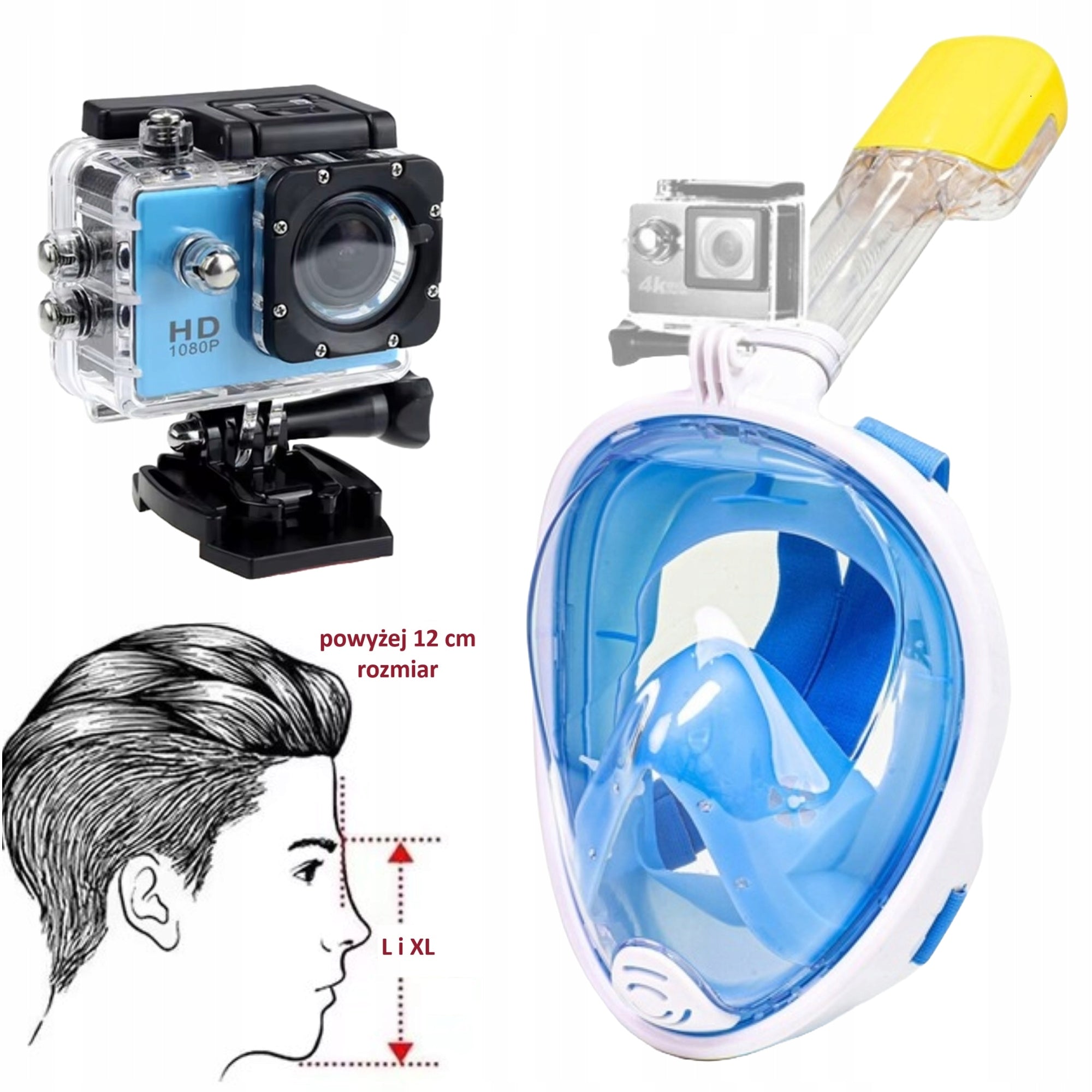 DIVING MASK SNORKELING FULL FACE S/M + SPORTS CAMERA FULL HD Color blue