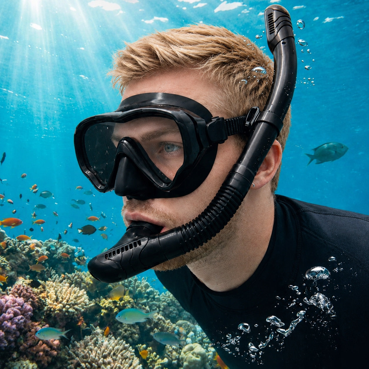 DIVING MASK WITH DRY SNORKEL PANORAMIC 180° SNORKELING Manufacturer code Maska Nurkowanie Fajka Sucha