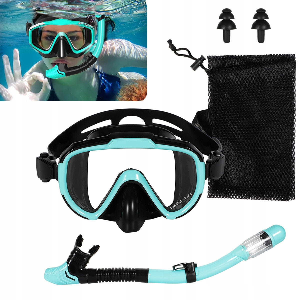 DIVING SET MASK AND SNORKEL GLASSES AND SNORKELING TUBE